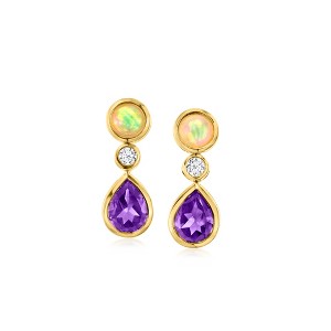 Ross-Simons Opal, 1.70 ct. t.w. Amethyst and .13 ct. t.w. Lab-Grown Diamond Drop Earrings in 18kt Gold Over Sterling - 1 of 3