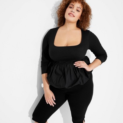 Women's Long Sleeve Square Neck Bubble Top - Wild Fable™ Black 4X