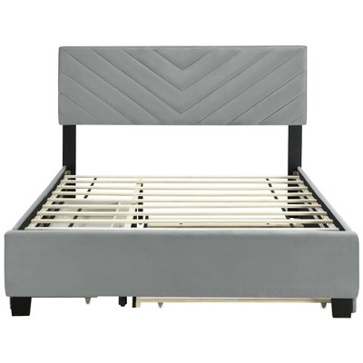 HomeRoots Gray Tufted Upholstered Queen Bed Frame With Trundle And Drawers