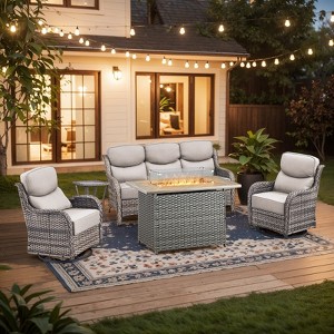 Buenhomino Patio Furniture Set with Fire Pit Table and Swivel Rocking Chairs, 5 Pieces Outdoor Wicker Furniture Set with 6'' Thickened Cushion - 1 of 4
