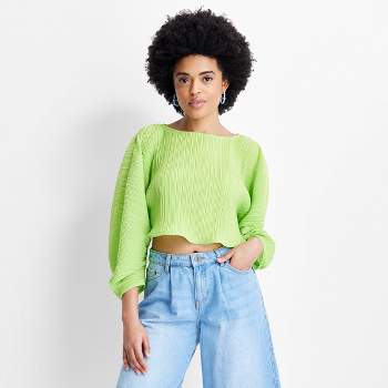 Women's Long Croissant Sleeve Plisse Crop Top - Future Collective™ with Gabriella Karefa-Johnson Lime Green