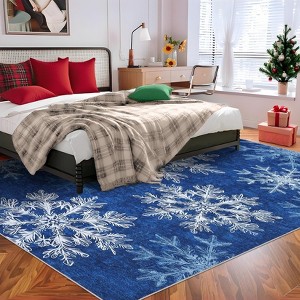 Christmas Area Rug, Snowflake Print Washable Throw Carpet with Non Slip Backing, Low Pile Stain Resistant Floor Mat for Living Room, Bedroom - 1 of 4