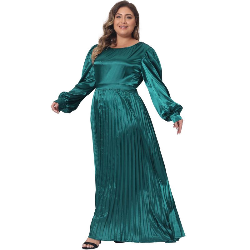 Agnes Orinda Women's Plus Size Lantern Long Sleeve Flowy Swing Pleated Party Maxi Empire Waist Dresses, 3 of 5