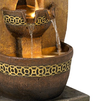 Beige and Brown Faux Stone Four Bowl Cascading Water Fountain with LED Light