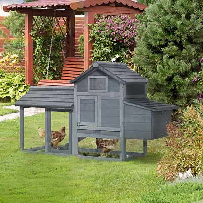 59'' Small Wooden Chicken Coop with Nesting Box and Run,Outdoor Hen House Cage with Removable Tray and 2 Doors for Backyard,Gray - LAOTIES