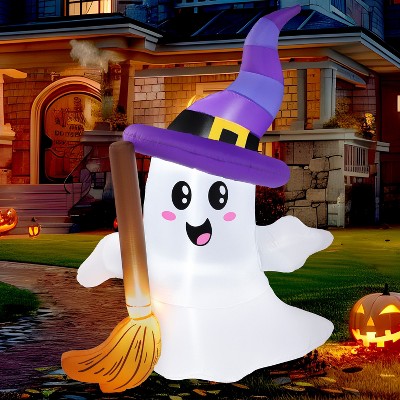 Joyfy 6 FT Tall Halloween Inflatables Outdoor Decorations, Inflatable Cute Ghost Holding Broom with LEDs for Halloween Outdoor Yard Garden Lawn Decor