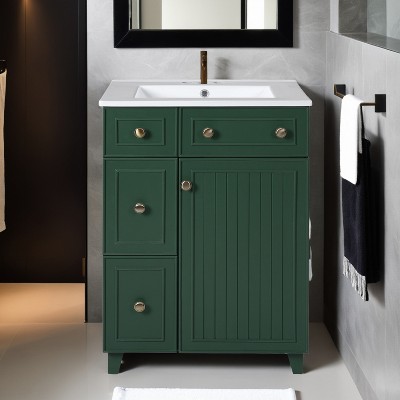 24" Bathroom Vanity with Sink, Free Standing Single Basin Vanity Set with Two Drawers and One Door - Leovsnove