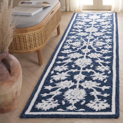 Handmade Navy and Ivory Wool Tufted Runner Rug 2'-3" x 9'