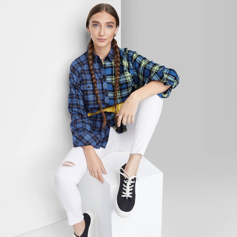 XS, Women's Raglan Long Sleeve Hi-Low Flannel Button-Down Shirt - Wild Fable Blue Plaid 