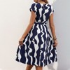 Women's Short Sleeved Round Neck Tie Waist Pleated Midi Dress Geometric Patterns - 4 of 4