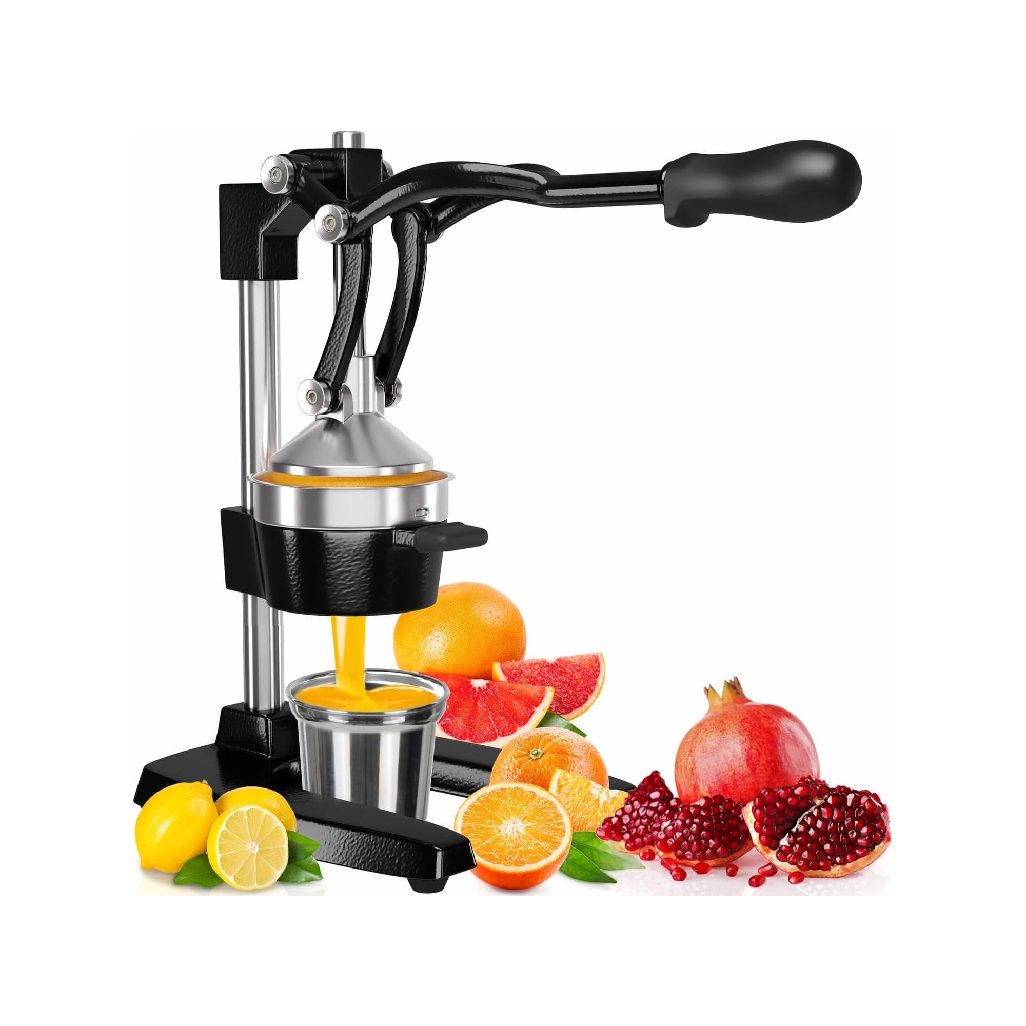 Eurolux Professional Cast Iron Citrus Juicer, Manual Hand Press, Heavy Duty, Stainless Steel Cup, Black