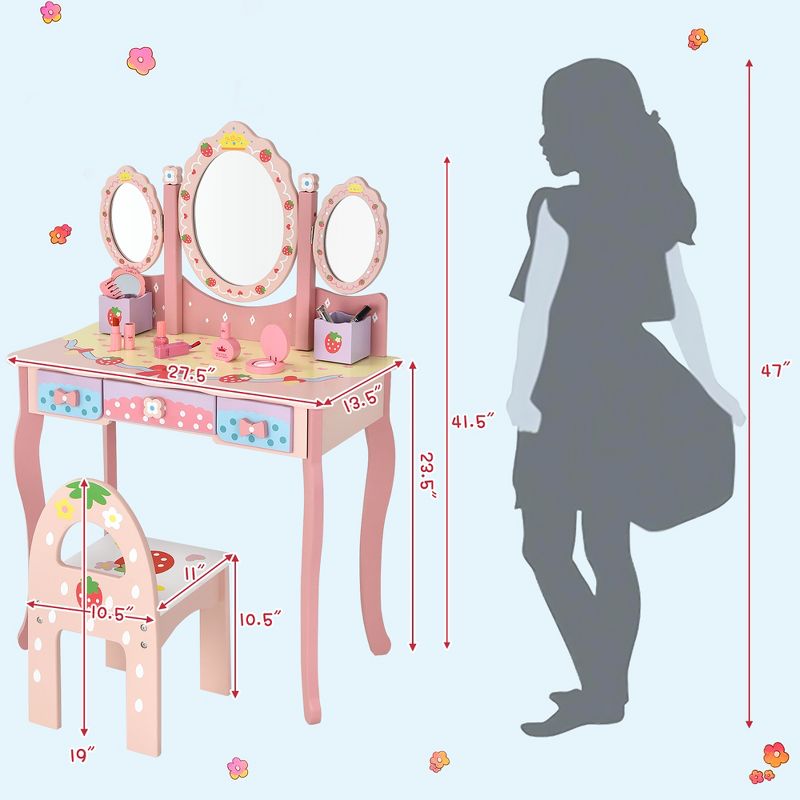 Costway Kids Vanity Princess Makeup Dressing Table Chair Set w/ Tri-fold Mirror Pink, 3 of 11