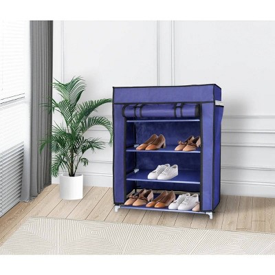 J&V TEXTILES 4 Tier Shoe Rack with Side Pocket Holds 24 Shoes Navy