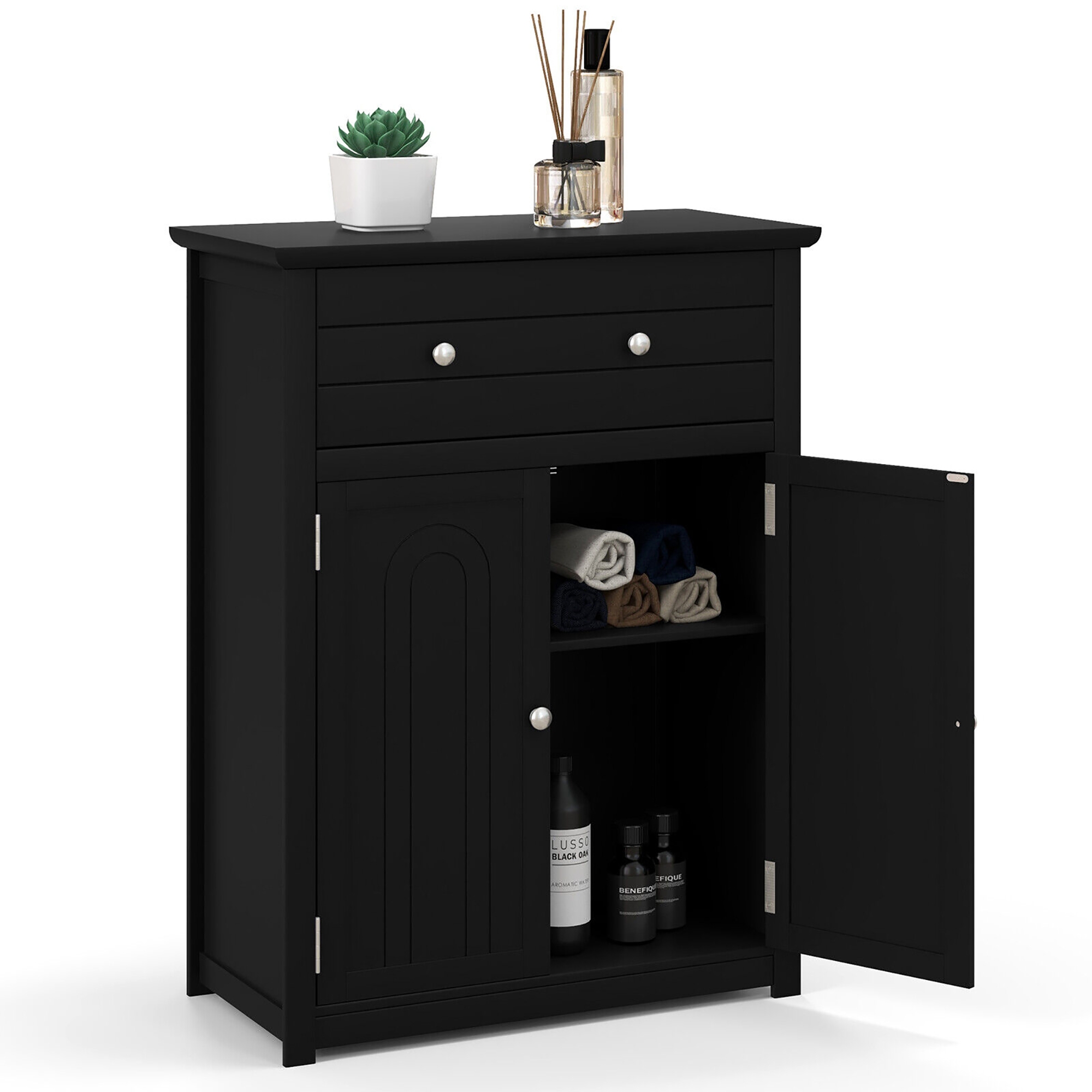 Costway Bathroom Floor Cabinet Wooden Storage Organizer with Drawer & Doors Blcak