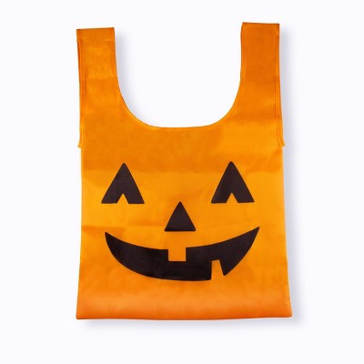 Halloween Pumpkin Foldable Reusable Bag: Orange Ripstop Tote, Collapsible Handbag, Packable, No Pockets, All Ages