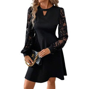 Womens Lace Sleece Skater Dress A-Line Crew Neck Keyhole Dress Formal Dress Vintage Fit and Flared Black Midi Dress - 1 of 4