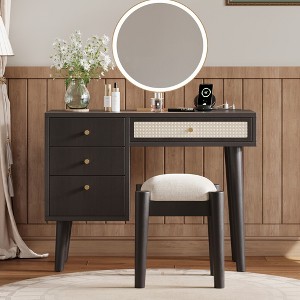 39"W Retro Wooden Makeup Vanity Set with Charging Plug & USB Port and Stool, Dressing Table with 3 Drawers and 1 Rattan Drawer 4B - ModernLuxe - 1 of 4