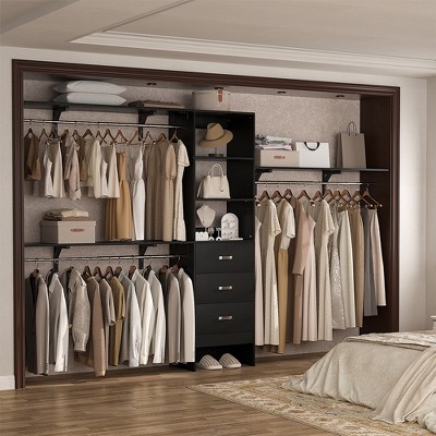 Aheaplus Closet System with 3 Drawers and 3 Hanging Rods, Freestanding Wardrobe with Shelves