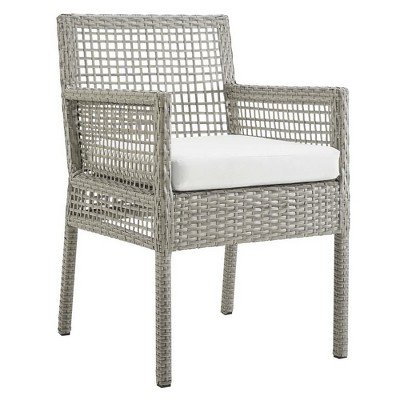 Modway Aura Outdoor Dining Armchair – Gray White Wicker Rattan Patio Chair with Cushions, All-Weather Build
