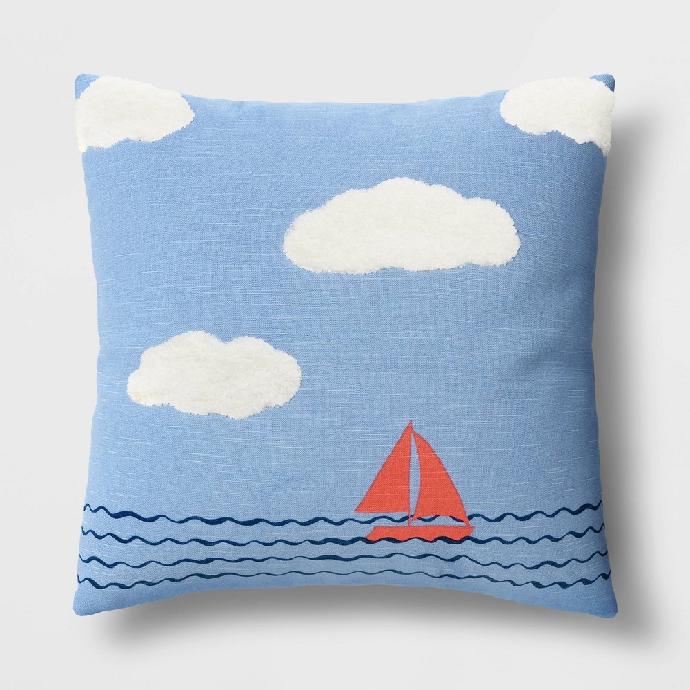 Photos - Pillow Sailboat on water with clouds square throw  blue - Room Essentials™