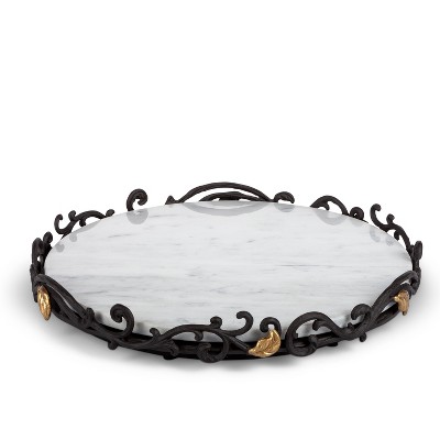 GG Collection White/Gray Marble Lazy Susan on Metal Gold Leaf Base.