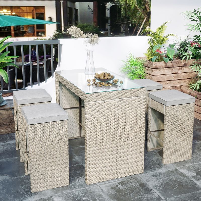 5-piece Patio Rattan Bar Dining Table Set with 4 Stools-ModernLuxe, 2 of 13