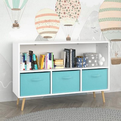 KTMBDW Kids bookcase with Collapsible Fabric Drawers, Children's Book Display, Toy Storage Cabinet Organizer, White/Blue