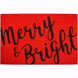 HomeRoots 17" X 29" Red and Black Coir Merry and Bright Outdoor Christmas Door Mat - 1 of 3