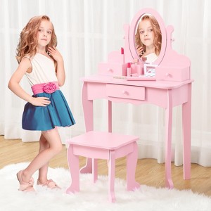 Kids Vanity Set with Mirror and Stool for Girls Ages 3-9 Makeup Dressing Table and Chair Playset with Drawer - 1 of 4