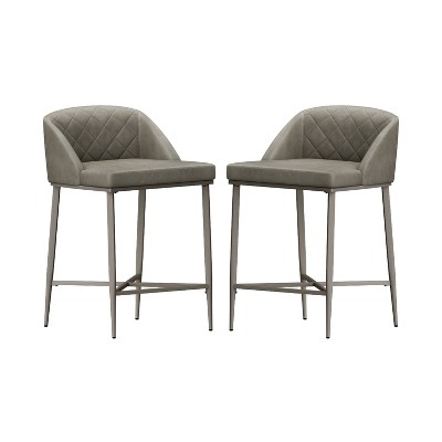 Mid-Century Modern Pewter Gray Faux Leather Counter Stools - Set of 2