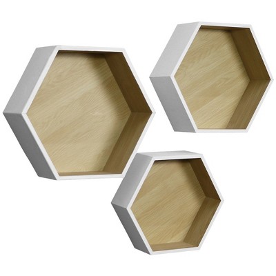 Image of Set of 3 Sorbus Floating Shelf Hexagon Set - Honeycomb Decorative Hanging Display for Collectibles, Photos Frames, Plants, and more (White)