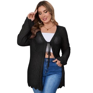 Clearlove Women's Plus Size Tie Front Knit Cardigan Hollow Out Long Sleeve Shrug Sweater - 1 of 4