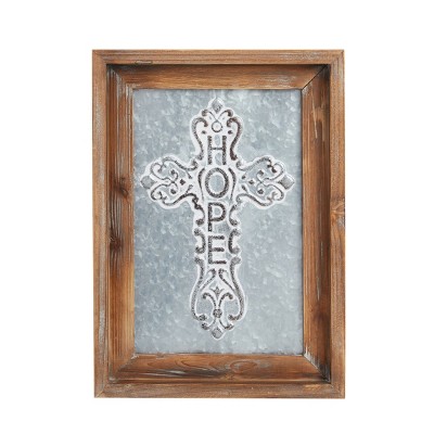 Faithful Finds Hope Wall Cross Farmhouse Décor with Galvanized Metal and Wooden Frame, 12 x 16 in