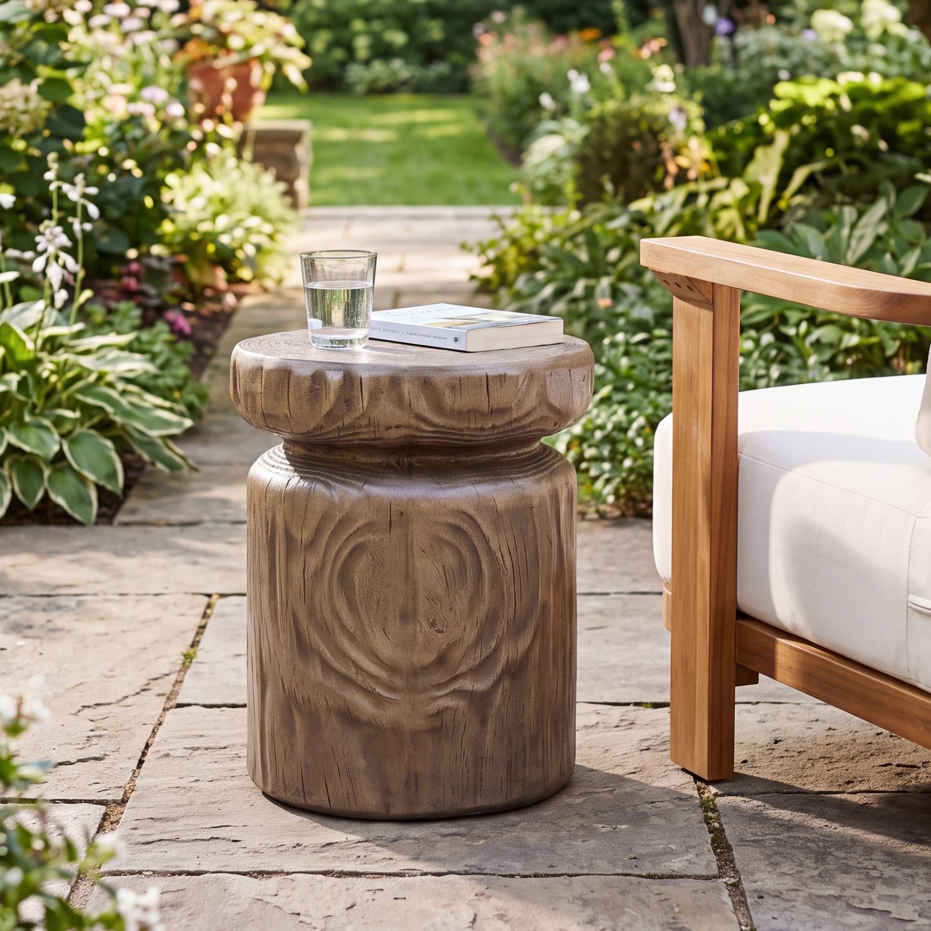 Christopher Knight Home Caius Rustic Round Lightweight Concrete Patio Side Table with Tree-Stump Design, Brown
