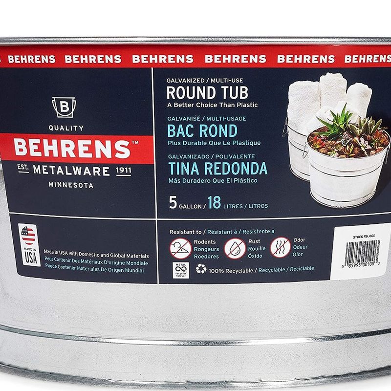 Behrens 5 Gallon Round Galvanized Weatherproof Steel Tub with Wire Handle and Offset Bottom for Indoor Home and Outdoor Garden Use, Silver, 2 of 7