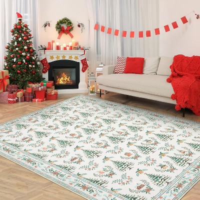 Christmas Runner Rug, Non-Slip Washable Indoor Carpet with Tree and Snowflake Pattern, Stain Resistant Kitchen Floor Mat for Hallway