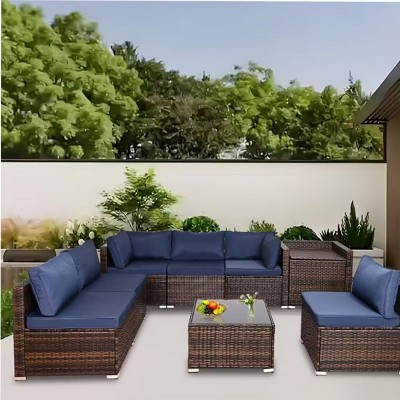 Modern 8 Piece Outdoor Patio Furniture Set with Hidden Storage,Outdoor Garden Wicker Rattan Cushion Sectional Sofa,Glass Coffee Table-Coolbibila