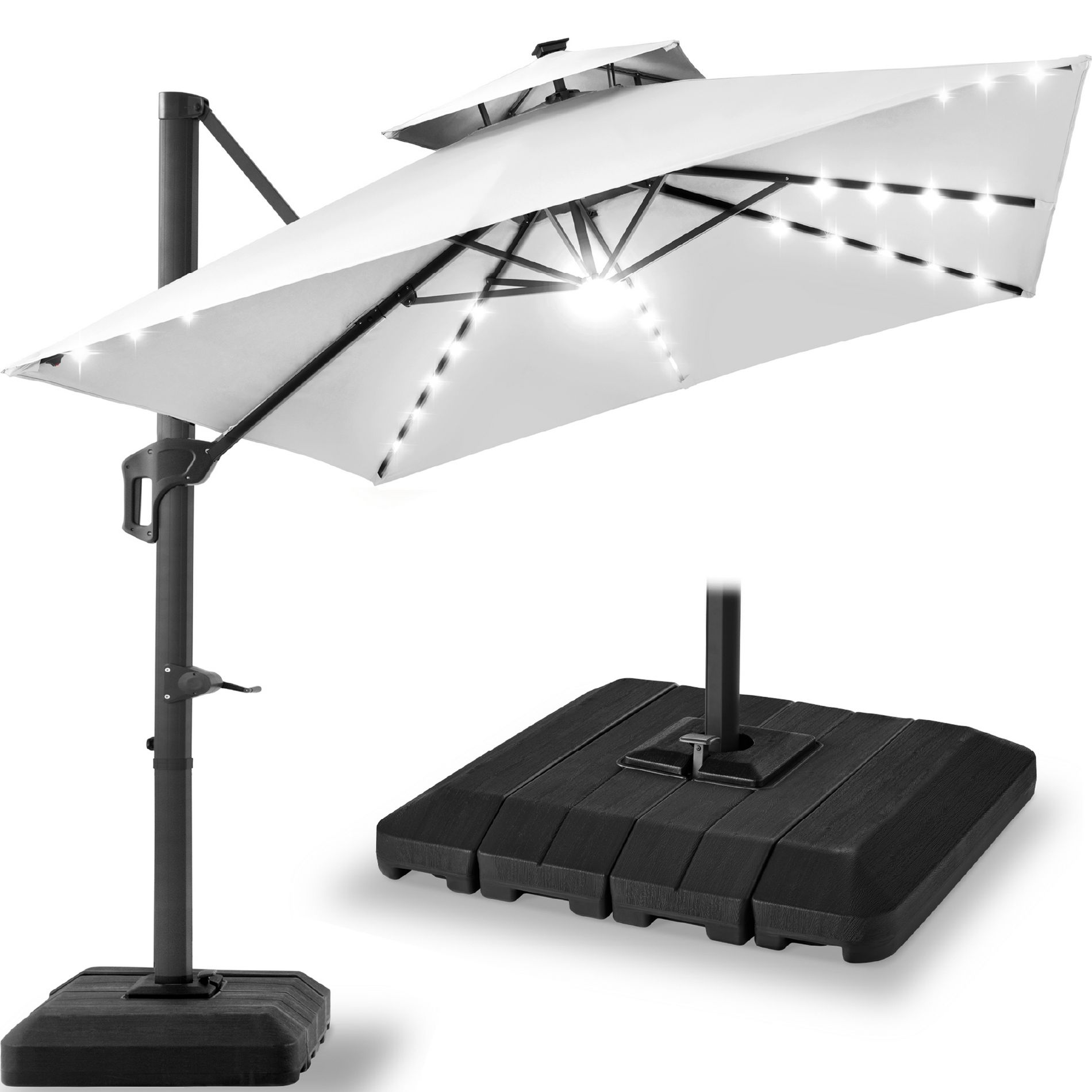 Best Choice Products 2-Tier Square Solar LED Cantilever Patio Umbrella – 10x10ft, 9x12ft, or 12x12ft w/ Base Included & 360° Rotation