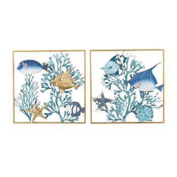 Set of 2 Metal Fish Wall Decors with Gold Frame and Coral Background Blue - Olivia & May