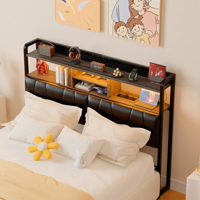 Aheaplus Upholstered Headboard with Storage Shelf, Charging Station and LED Light