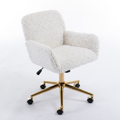NicBex Artificial Rabbit Hair Adjustable Home Office Chair with Golden Metal Base and Wheels for Work Study Vanity