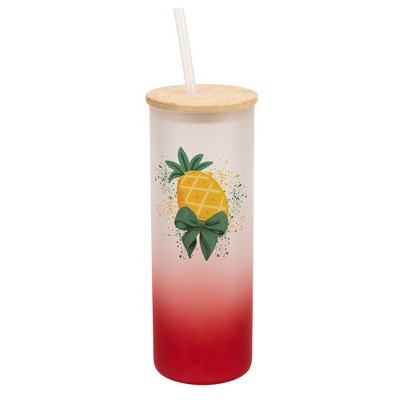 Elanze Designs 25 Ounce Frosted Glass Gradient Travel Tumbler With Straw and Wooden Lid, Pineapple Red