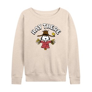Women's - Peanuts - Snoopy Scarecrow Hay There Lightweight French Terry Wide Neck Long Sleeve Shirt - 1 of 4