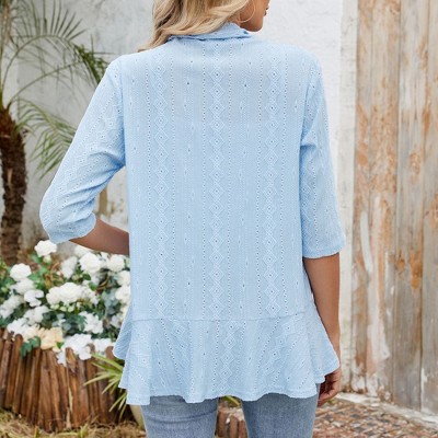 Женские кардиганы YesFashion Women's Eyelet Diamond Hollowed Out 3/4 Long Sleeve Ruffle Hem Open Front Summer Casual Cardigan Chic Layered Everyday Outerwear Shirt Top Blue M — фото 4