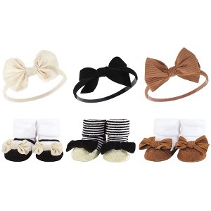 Hudson Baby Infant Girl Headband and Socks Giftset, Black Stripe Neutrals, One Size - 1 of 4