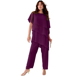 Roaman's Plus-Size 2 Piece Tierred Ruffle Top And Pant Set - 1 of 4