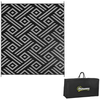 Outsunny RV Mat, Outdoor Patio Rug / Large Camping Carpet with Carrying Bag, 8' x 10', Waterproof Plastic Straw, Reversible, Black & Gray Geometric