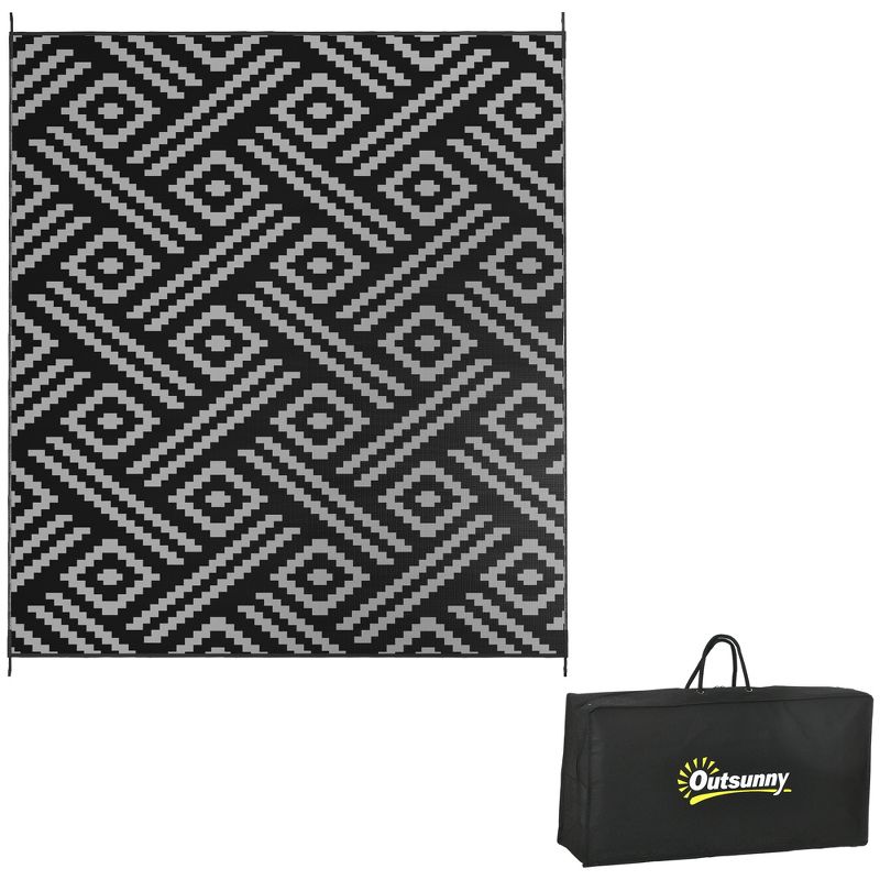 Outsunny RV Mat, Outdoor Patio Rug / Large Camping Carpet with Carrying Bag, 8' x 10', Waterproof Plastic Straw, Reversible, Black & Gray Geometric, 1 of 7