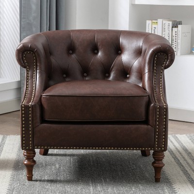 Chesterfield Brown Faux Leather Barrel Accent Chair