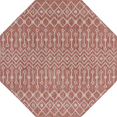 Rustic Trellis Octagon Outdoor Rug in Rust Red, Easy Care 7' 10"